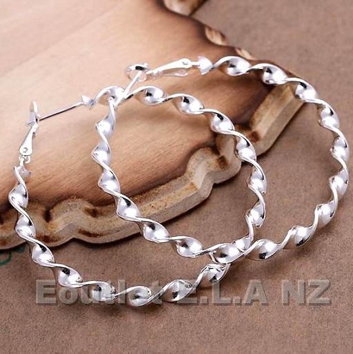 LARGE 50x47mm TWISTED SILVER HOOP EARRINGS